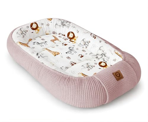 Babynestchen Neugeborene – Nestchen Baby aus Waffel Baumwolle & Baumwollstoff – Babynest für Babybett & Kinderbett – Baby Kokon Tragbar – OEKO-TEX zertifiziert – Zubehör für Babybett - ZOO und Rosa