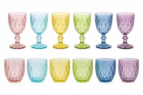 cecaro group Set 12 Pezzi Bicchieri e Calici in Vetro Colorato – 6 Calici da 270 ml + 6 Bicchieri da 250 ml – Fantasia Diamante – Set Tavola Colorato Elegante e Resistente