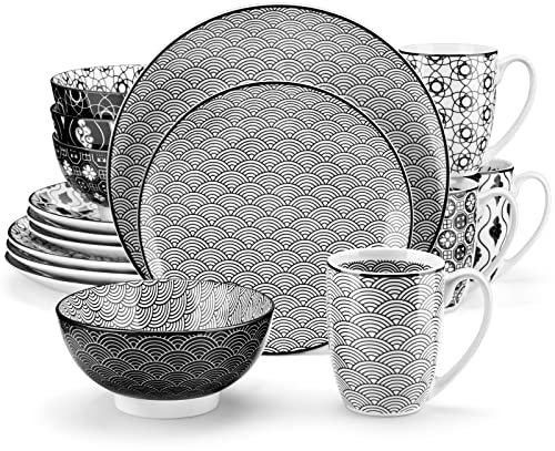 vancasso Haruka 16-teilig Porzellan Kombiservice, mit je 4 Speiseteller Ø 26,5 cm, Dessertteller Ø 21,5 cm, Müslischalen Ø 15,2 cm und Kaffeebecher 360 ml