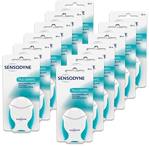 Sensodyne Filo Cerato, Filo Interdentale con Fluoro, Aiuta a Pulire le Zone della Bocca che lo Spazzolino non Raggiunge, Gusto Menta, Pacco da 12 x 18 g