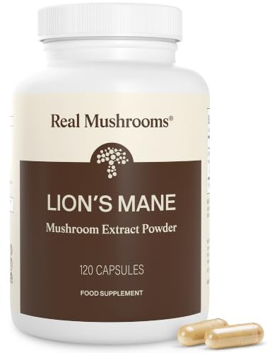 Real Mushrooms Lion's Mane Capsules, Brain, Focus and Cognition, 120ct | Organic Lion's Mane Extract for Wellness, Focus, Clarity Support, Vegan Non-GMO Powder, Daily Use, Verified Beta Glucans
