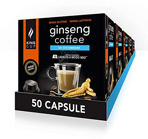 King Cup - 5 Paquets de 10 Capsules de Ginseng Sans Sucre, 50 Capsules 100% Compatible avec le Système Lavazza as Modo Mio de Boisson Aromatisée Ginseng, Sans Gluten et Sans Lactose