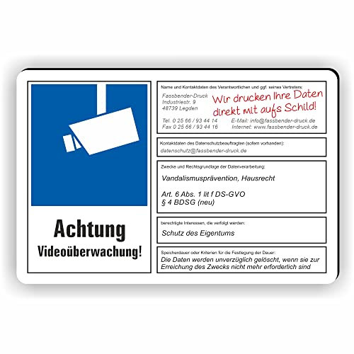 Fassbender-Druck SCHILDER dsgvo BDSG mit Wunschtext - Videoüberwachung Schild/VÜ-014 (15x10cm SCHILD)