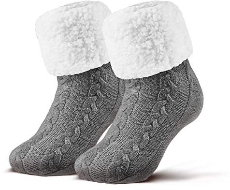 Piarini 1 Paar Kuschelsocken mit ABS Sohle - warme Damen Socken - Wintersocken mit Anti Rutsch Noppen - dicke Haussocken grau