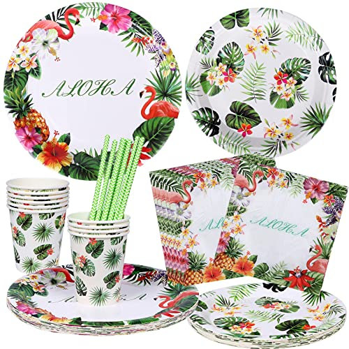 Amycute 125 Pezzi Stoviglie di Hawaiano Set per Feste Tropicali, Forniture per Hawaiano Festa Compleanno Include Piatti, Bicchieri, Tovaglioli e Cannucce, Serve 25 Ospiti