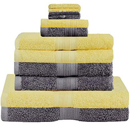 GREEN MARK Textilien 10 TLG. FROTTIER Handtuch-Set mit verschiedenen Größen 4X Handtücher, 2X Duschtücher, 2X Gästetücher, 2X Waschhandschuhe | Farbe: Anthrazit/Gelb | Premium Qualität