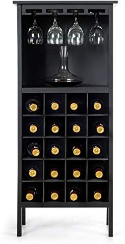 GOPLUS Cantinetta Scaffale Portabottiglie di Vino con Porta Calici per 28 Bottiglie e 12 Calici, in Legno di Pino Resistente all’umidità,96x25x42cm (Nero)