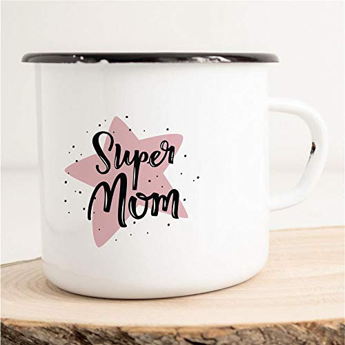 Huuraa Emaille Tasse Super Mom Geschenk Kaffeebecher Vintage 300ml Super Mom Geschenkidee