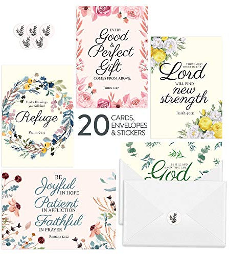 DiverseBee 20 inspirierende christliche Grußkarten mit Umschlägen und Aufklebern (5 florale Designs), motivierende, religiöse Bibelvers Scripture Notizkarten Sortiment – 10,2 x 15,2 cm