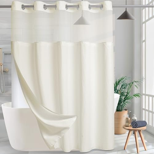 KONZENT Waffel-Duschvorhang, kein Haken erforderlich, Haken, kostenloser Duschvorhang, Hotelstoff, Duschvorhang, maschinenwaschbar, Spa (beige, 180.3 cm (B)x188 cm (H))