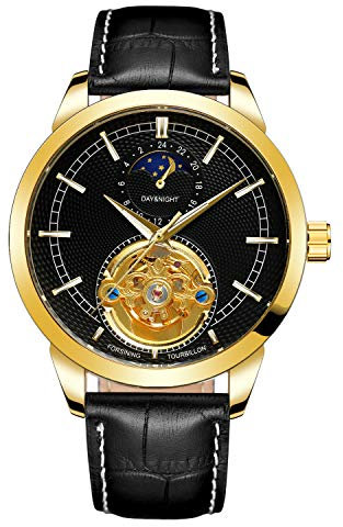 BOLYTE Retro Design Mondphase Skelett Automatische Mechanische Lederband Männliche Kleid Uhren, Gold, Schwarz, Mechanisch