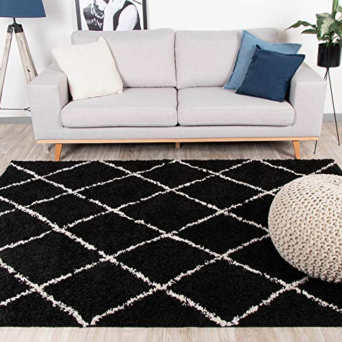 FRAAI | Home & Living Teppich Hochflor - Grand Lines Schwarz Creme - Kariert, Gestreift, Shaggy - Modern, Skandinavisch - Wohnzimmer, Esszimmer, Schlafzimmer - Fellteppich - Carpet