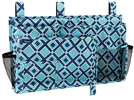 Surblue Nachttisch Caddy Hängebett Organizer Aufbewahrungstasche Tasche für Etagen-und Krankenhausbetten, Studentenwohnheime, Babybettgitter, Lager (8 Taschen), Blau kariert