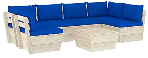 Tidyard 7-TLG.Garten-Sofagarnitur aus Paletten mit Blau Kissen Gartensofa Wohnzimmersofa Garten-Lounge-Set Palettensofa Palettenpolster Garnitur Gartenset Sitzgruppe Palettenmöbel Fichtenholz