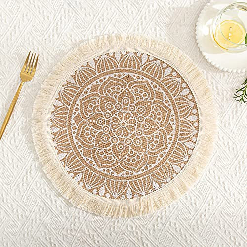 Rund Gewebte Platzset,Boho Tischsets,Jute Tischsets mit Mandala Quaste,Böhmen Farmhouse Retro Restaurant Tischdekoration Platzdeckchen Tischsets für Hochzeit Festival Party Küche Speisetisch,2er Set O