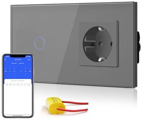 BSEED Interruptor de Luz Táctil WiFi Inteligente,Panel de Cristal,Compatible con Alexa, Smart Life y Tuya (No Necesita Cable Neutro),1 Gang 1 Vía con 1 Enchufe,157mm Gris