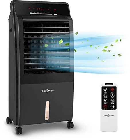 OneConcept Condizionatore Portatile Senza Tubo 65W 4 in 1, Umidificatore, Climatizzatore Portatile, Ionizzatore per Casa/Ufficio, Ventilatore Aria Fredda, Raffrescatore d’Aria 360m³/h, Serbatoio da 8L