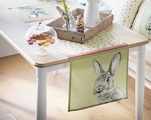 Tischläufer Blümchenhase Creme, mit nostalgischem Hasenmotiv und zarten Pastell-Tönen, 40x140 cm, Mitteldecke