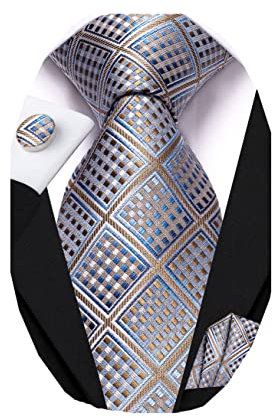 Dubulle Herren-Krawatte aus Seide mit Paisely-Motiv für Herren, Krawatte und Einstecktuch, Braun Blau kariert, Medium