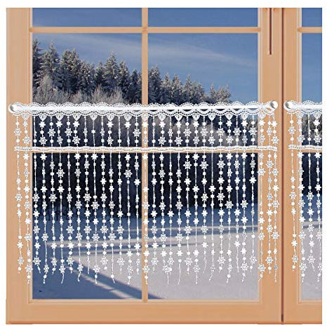 artex deko Wintergardine Schneesternchen Fadengardine mit Sternen Scheibengardine Echte Plauener Spitze 42 x 224 cm