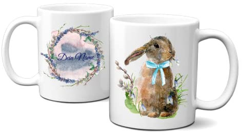 online-hut - Tasse - Kaffeetasse - Kaffeebecher - Ostern - Ostertasse - personalisierbar - Dein Name - Osterhase - Blumenkranz - Blau - OT-17
