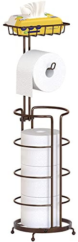 Toilettenpapierhalter Freistehend, Toilettenpapierhalter Stehend Ohne Bohren, Toilettenpapier Aufbewahrung aus Metall für Badezimmer, Toilettenpapierrollenregal für 5 Papierrollen mit Regal, Bronze