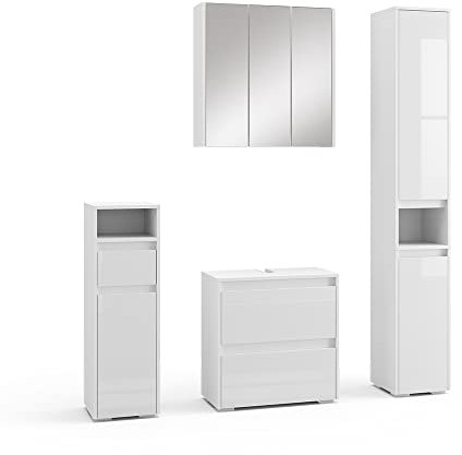 Vicco Badmöbel-Set Weiß Majest, bestehend aus Badspiegelschrank, Waschbeckenunterschrank, Midischrank, Hochschrank - Kombination aus Schubladen & Regalen