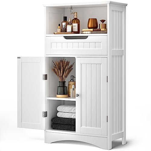 Bealife Armoire de Rangement avec Grand Tiroir et 2 Portes, Meuble de Salle de Bain avec Étagères Ajustables, pour Salle de Bain, Salon, ou Chambre, 108x60x30 cm, Blanc