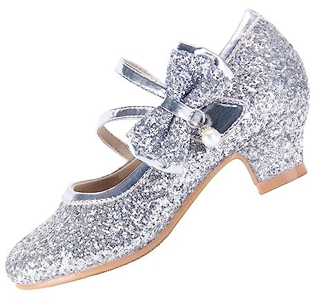 EIGHT KM Scarpe Mary Jane con Tacco Alto da Ragazza Principessa per Matrimonio e Festa EKM7035 Scintillio Glitter Perla Cristallo Argento Misura EU 32
