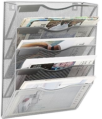 JEBELE 5 Fächer Zeitschriftenhalter Zeitungshalter Wand Mesh zeitschriften wandhalterung A4 Dokumentenablage Wand Büro Organisationsregal mit Etiketten Design Metall,Silver