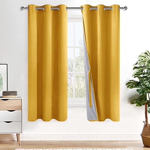 XWZO 100% Blackout Curtains with Tiebacks- 2 Thick Layers Completely Shaded Window Treatment Thermal Insulated Lined Drapes for Bedroom/Patio Door, Grommet, Yellow, W38 x L63, 2 Panels