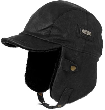 TOP-EX XXXL Winter wasserdichte Trapper-Hüte für Herren Kunstleder Aviator Pilotenmütze mit Ohrenklappen Warm gefütterte Kappe mit Schirm für die Jagd Schießen Schwarz