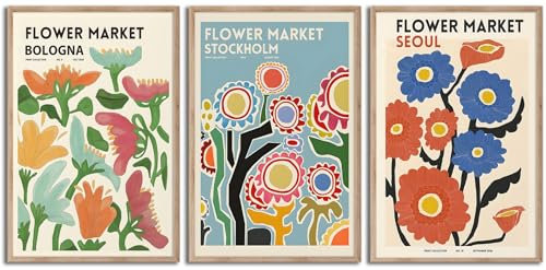 Bwodke Blumenmarkt-Poster, Stadt-Blumen-Wandkunst, Leinwanddrucke, Set mit 3 bunten Blumen, Gemälde, moderne, minimalistische Bilder für Raumdekoration, ästhetisches Schlafzimmer, Wohnzimmer,