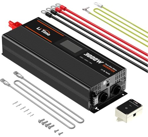 LiTime 3000W Reiner Sinsuswellen Wechselrichter 12VDC zu 230VAC Konverter für Womo, Camping, Solarstrom-Wechselrichter mit 2*AC Ausgängen, Überwachungsbildschirm mit Echtzeit-Statusanzeige