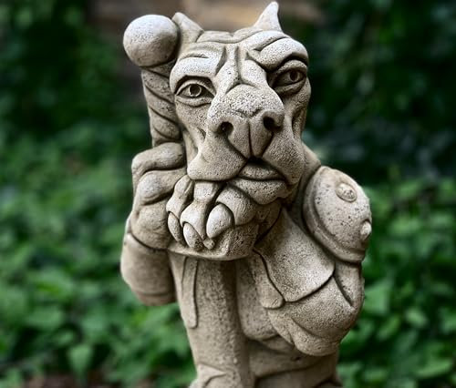 Oloma Design Outdoor gargoyle with sword sculpture Concrete guardion figurine Stone monster decor Cement vampire statue Garden and home decoration Gift Ornament Front door statue