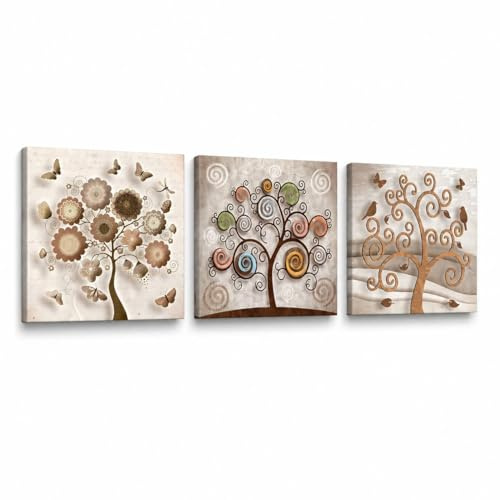 Lupia - Set 3 Quadri su Tela 57x57 cm, TREE Albero della Vita, Decorazione per Soggiorno, Camera da Letto, Cucina, Ufficio, Telaio in Legno Ecologico, Realizzati in Italia