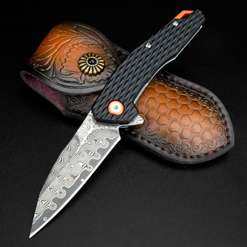 Zingbee Damast Taschenmesser Klappmesser, Hochwertig VG10 Damaststahl Klinge, Liner Lock, Aluminium Griff, Geschenkbox - EDC Einhandmesser für Wandern Camping Sammeln Jagd