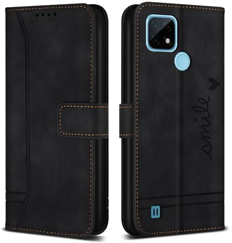 Bravoday Funda para Realme C21 / Realme C21, Premium PU Cuero Billetera Flip Protectora Carcasa Magnético para Realme C21 / Realme C21, Negro