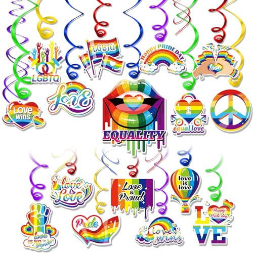 DPKOW 30 STK Gay Pride Hängedeko, Folien Aufhängen Spiral für Regenbogen Pride Deckendeko, Regenbogen Flagge Hängende Spiral Deko für LGBTQ Regenbogen Party Hängedeko