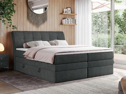 MKS MEBLE King Boxspringbett 120x200, Polsterbett 120x200 mit Bettkasten, Bett 120x200 mit Multipocket-Matratze H3, Boxspringbett 120x200 mit Kopfteil und Topper - H3 Dunkelgrau Strukture - Gold-10