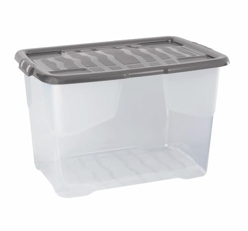 Strata 9 x 65 Litres Curve Plastic Stackable Storage Box & Lid with clip-on lids, 9 Pack, Multi storage box for home and office storage solution Clear Box, Grey Lid, (37cm H x 40cm W x 60cm D)