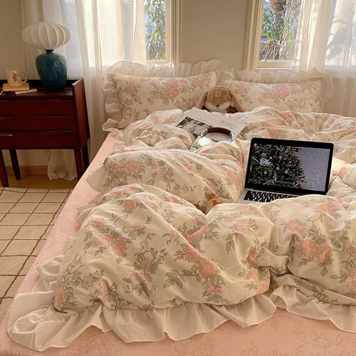 GETIYA Rosa Blumen Bettwäsche 135x200 Baumwolle Bettwäsche mit Rüschen Mädchen Damen Bettbezug Blumen Blümchen Deckenbezug Weiß Rosa Wendebettwäsche Einzelbett mit 1 Kissenbezug 80x80