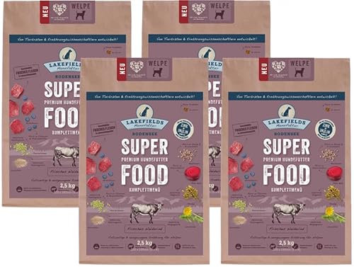 Lakefields SUPERFOOD | Premium Welpenfutter trocken | 61% Rind | 4 x 2,5kg | Getreidefreies Trockenfutter für Welpen | Mit Löwenzahn, Leinsamen & Roter Beete | Von Tierärzten entwickelt