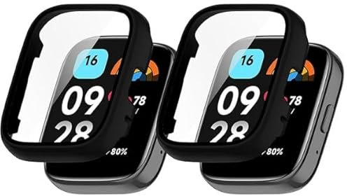 2 Piezas Protector Pantalla para Xiaomi Redmi Watch 3 Active, Funda de Cristal Templado, Capa Protectora, Carcasas Duras Anti-arañazos en Colores Negro, Ajuste Protección Completa