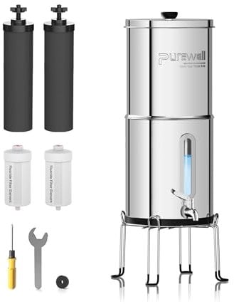Purewell 5,7L Gravity Water Filter System – Stainless Steel Countertop Design with 4 Filters, Glass Water Level Window – Reduces Fluoride, Chlorine – for Home, Camping & Emergency Survival