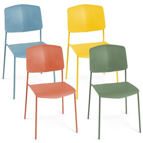 COSTWAY Esszimmerstuhl-Set aus 4 Stühlen, Küchenstühle mit Rückenlehne, breitem PP-Sitz und Metallbeine, stapelbare Küchensessel für Esszimmer, Wohnzimmer, Büro (bunt)