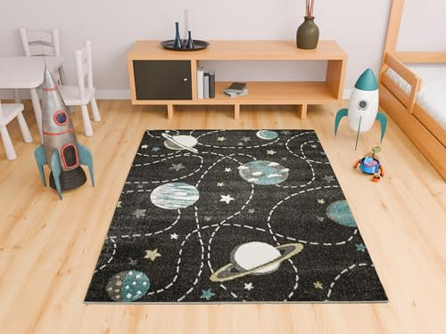 AKCILA Lima Grau Planeten,Kosmos 140x190cm,Kurzflorteppich Schlafzimmer, Kinderzimmer Teppich, Babyzimmer Tepich,Teppiche Gegend, Dekorativ Kids Carpet,Kinderteppich,Spielteppich Kinder,Teppich Jugend