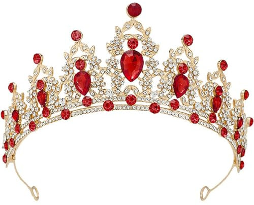 XJKLBYQ Rot und goldene Tiara | Tiaras für Frauen, rote Edelsteine ​​Kristallkrone Stirnband, elastische rote Krone, Metallprinzessin -Krone für Geburtstag Hochzeit Prom, Brautpartydekoration