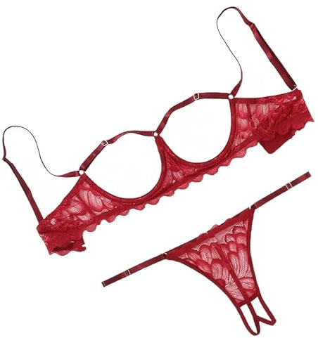 Sexy Lace Lingerie Women Floral Strappy Bra and Panties Set Sheer Mesh Babydoll 2 Piece Push Up Underwire Bralette G-String Underwear Naughty Hollow Sleepwear for Party Outfit Valentine (Wine red, S)