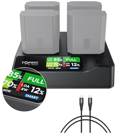 Toprig BC02 NP-FZ100 4-Kanal-Kamera-Akkuladegerät, USB-C PD 60 W Schnellladung, Vollfarb-LCD-Display, Echtzeit-Akkustandsüberwachung, tragbares Design, kompatibel mit Sony NP-FZ100-Akku